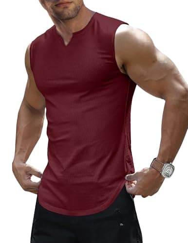 JMIERR Mens Ribbed Tank Tops Sleeveless Workout Muscle Shirt, Burgundy, XL