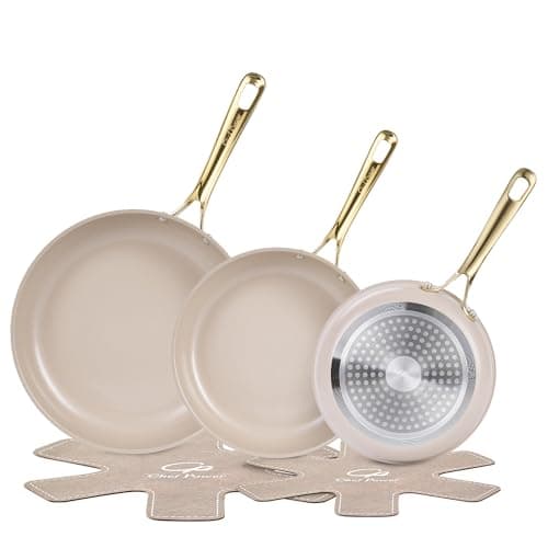 Chef Power Ceramic Frying Pan with Stainless Steel Handle 5Pcs Set, Non Stick Grill Pan Set, Dishwasher and Oven Safe, Taupe and Light Gold Handle