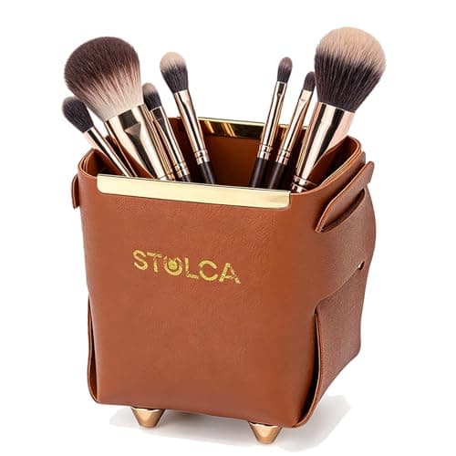 STOLCA Pen Pencil Holder for Desk,Makeup Brush Holder Organizer for Desk, Brown Vegan Leather, Gold-Tone Accents, Stylish Desktop Organizer