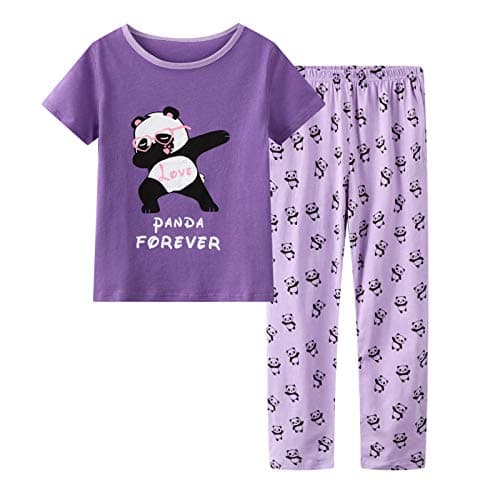 UNICABBIT21 Pajamas for Girls Cute Unicorn Pants and Short Sleeve Tee Big Kids Cotton Sleepwear Set Size 6-16 (6, Purple)