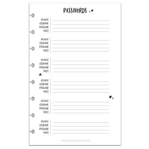 BetterNote PASSWORD Keeper Tracker Inserts Page 8-Disc Planner SMALL 8WH25