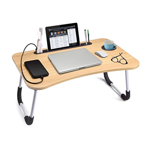 Slendor Lap Desk with Cup Holder, Foldable Laptop Table for Bed, Portable Bed Desk for Laptop and Writing, Computer Tray with Tablet Slot, Notebook Stand Reading Holder for Couch Sofa Floor,Walnut