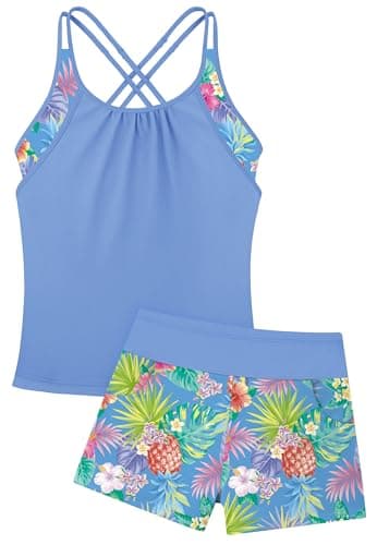Little Girl Swimsuit 2 Piece Tankini Bathing Suit Pocket Boyshorts Pineapple Adjustable Strap Cross Back Swimwear Sets Size 5-6