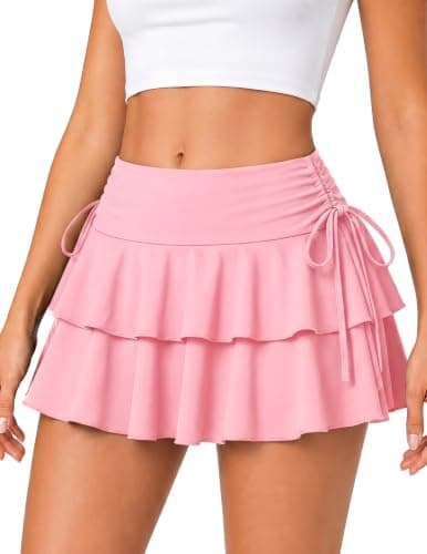 Girece Pink Mini Skirt for Women High Waist Stretchy Ruffles Pleated Flowy Layered Clubwear Skater A Line Rave Outfit Cheer Skirt (Pink,XX-Large)