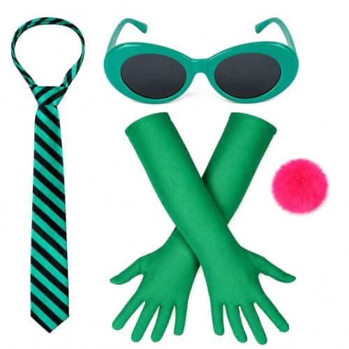 COLLECT PRESENT Green Costume Accessory Set for Adults, 4 Piece Dress-Up Kit with Long Gloves, Sunglasses, Striped Tie & Pink Pom Pom Brooch for Halloween, Cosplay & Costume Parties
