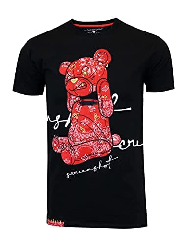 SCREENSHOT-S11122 Mens Hip-Hop Ultra Premium Quality Tee - Head Lifting Paisley Bandana Embroidery Cartoon Teddy Bear Print T-Shirt-Black/Red-Small