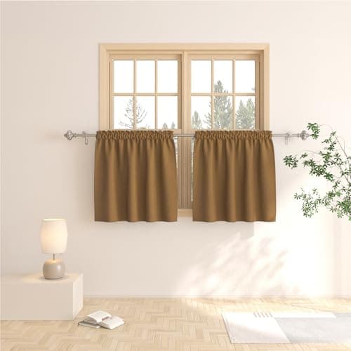 Brown Tier Curtains Blackout Kitchen Window Over Sink 24 Inch Room Darkening Bathroom Basement Short Triple Weave Small Cafe Half Window Treatment Set 2 Panels Rod Pocket