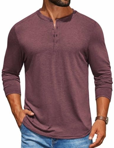 COOFANDY Men's Henley Shirts Long Sleeve Basic Pullover T-Shirt Lightweight Fashion Casual Tees Dark Red