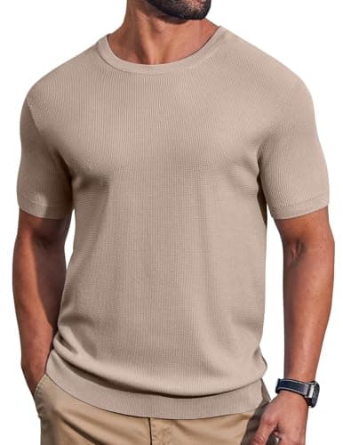 COOFANDY Knit Polo Shirts for Men Short Sleeve Textured Polo Shirt Slim Fit Summer Collared T Shirt Khaki