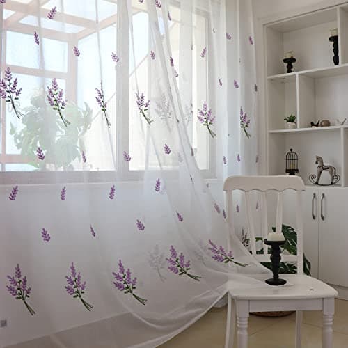 SLOW SOUL Set of 2 Panels Lavender Purple Flower Sheer Curtains Faux Linen Semi Sheer Window Curtains Drapes for Bedroom Living Room Rod Pocket 56W X 63L inch
