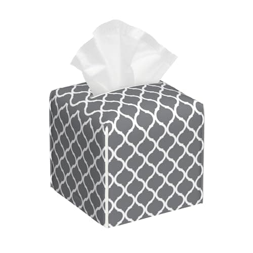 POIUBLE Tissue Box Holder Grey Quatrefoil Tissue Box Cover Square Leather Tissue Holder Organizer Portable Decorative Facial Paper Case for Home Office Bathroom Vanity Countertop