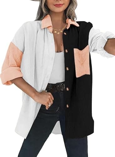 Dookttker Womens Color Block Button Down Shirts Long Sleeve Cotton Gauze Tops Casual Collared Blouses Loose Fit with Pocket