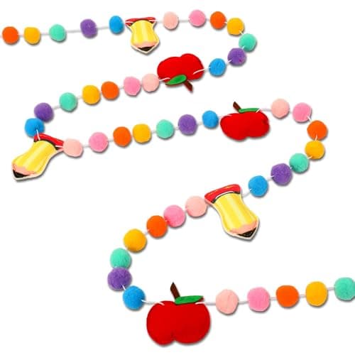 Jansun 8.2 Feet Back to School Felt Banner, Cute 3D Apples Pencil Garland Colorful Pompom Hanging Banner for First Day of School Classroom Home Wall Decorations
