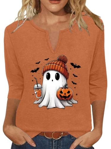 Halloween Pumpkin Shirts Women Fall T-Shirts 3/4 Sleeve V Neck Autumn Graphic Tees Thanksgiving Tops(Brown-3,XL)