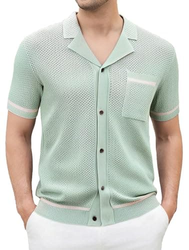 Esabel.C Men's Knit Button Down Shirts Short Sleeve Fashion Summer Casual Beach Shirts for Men, Light Green103,XL