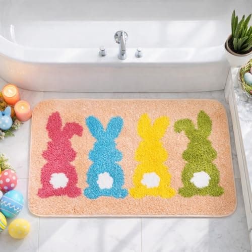 Percozzi Easter Bunny Bathroom Rug Spring Tufted Non-Slip Water Absorbent Bath Rug for Bathroom Shower Tub Kitchen Area Rug Decorations