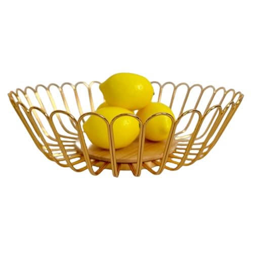 7UYUU Gold Fruit Basket Metal Wire Fruit Basket Bowl Kitchen Countertop Large Storage Serving Holder for Lemon Banana Onion - Wooden Stand - 12 Inch (Gold Wood)