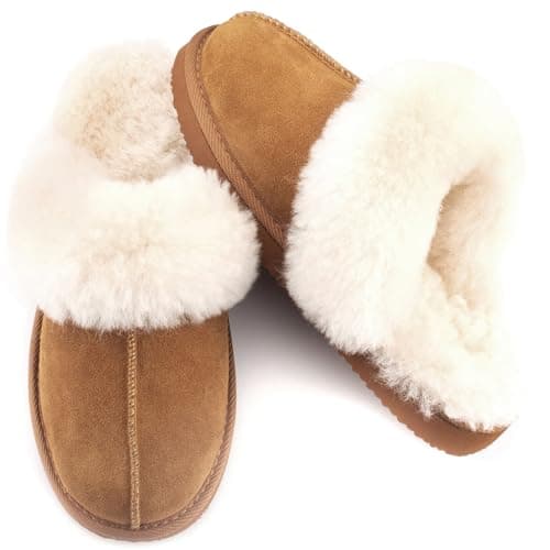 Parfeying Women's Shearling Slippers Genuine Leather with Rubber Sole, Sheepskin Fuzzy Indoor Outdoor Shoes for Home,L21605 Chestnut 8US