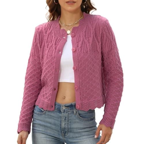 Aetosophis Women Cardigan Sweaters Fashion Outfit Clothes Trendy Cropped Fall Jackets 2025 Casual Long Sleeve Tops Short Button Down Winter Womens Dressy Open Front Cable Knit Sweater-Pink-L