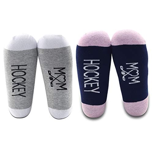 MBMSO 2 Pairs Hockey Mom Socks Hockey Mom Gifts for Women Hockey Novelty Socks Hockey Player Gifts for Mom (1 Pair Grey+1 Pair Purple)