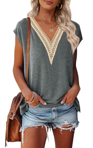 MEROKEETY Women's Casual Cap Sleeve Lace Trim V Neck Tops 2025 Summer Loose Tee Shirts Blouse, Grey, Large