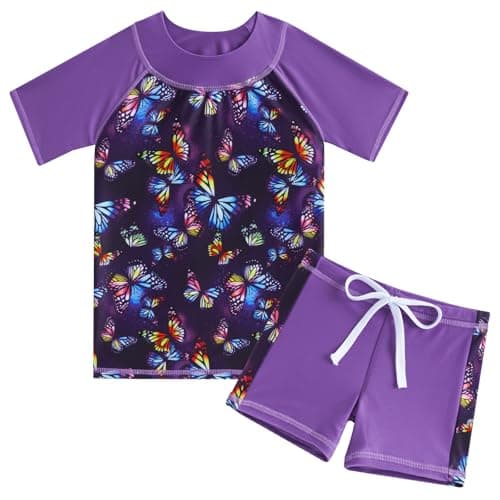 AIDEAONE Girl Neon Butterfly Swimsuit 2 Piece Rash Guard Set Beach Bathing Swimsuit Two Piece Swimwear Size 6-7T