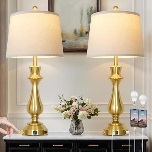 Cinkeda Touch Lamps for Night Stands Set of 2-29.5" Tall Bedside Lamp with USB C+A, 3 Way Dimmable Bedroom Lamps, Gold Metal Table Lamps for Living Room