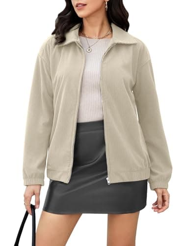 Casly Lamiit Corduroy Jacket Women Casual Zip Up Loose Fit Lapel Coat Long Sleeve Fall Barn Jacket Winter Outwear Beige M