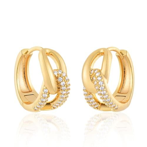 Gold Huggie Hoop Earrings 14k Gold Plated Wide Twisted Hoops Circle Earrings with CZs Hypoallergenic Jewelry Gifts for Women, Hoop 3