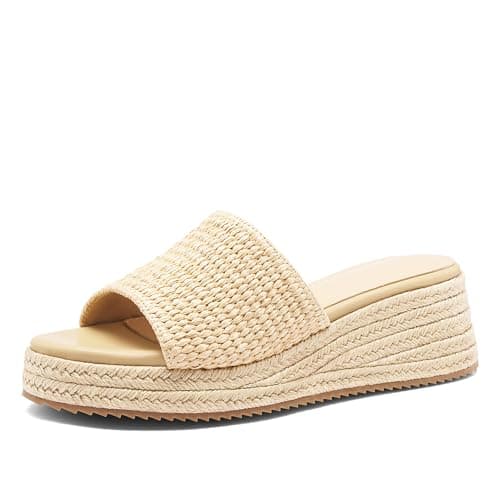Sqzrkj Raffia Platform Sandals for Women Slip on Wedge Sandals,Comfortable Summer Wicker Espadrilles,Straw Beach Vacation Slides Shoes Natural Nude Size 10