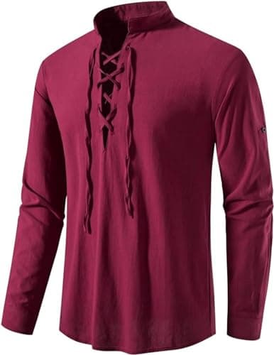 AIFARLD Men's Long Sleeve Shirts Retro Style Lace up for Medieval,Viking,Hippie Matching Cosplay Pirate Renaissance Costume Red