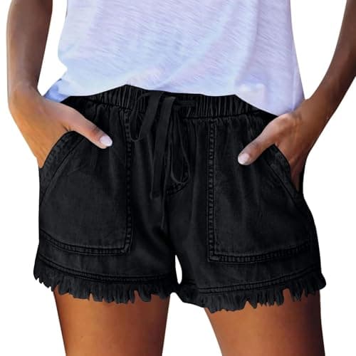 Women Jean Shorts Elastic Waist Drawstring Denim Shorts Pull On Drawstring Jeans with Pockets Trendy High Waisted Casual Stretchy Jeans Short Raw Hem Summer Short Lightweight Jorts Women Baggy