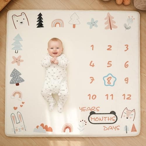 1.3" Thick Playmat for Floor, 50 x50 Monthly Milestone Mat, Padded Support Soft Plush Nursery Mats for Crawling Kick Activity, Flannel Photography Background Prop for Boys Grils