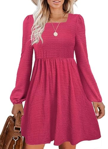 Doreyi Womens Fall Dresses Going Out Dresses for Women Long Sleeve Square Neck Cute Fall Dresses for Women Hot Pink