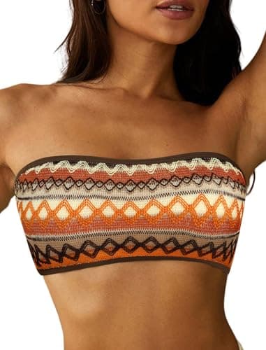 ZAFUL Women Textured Bandeau Bikini Top Lace up Strapless Swimsuit Solid Color High Cut Bathing Suits Top Only 6-Brown S