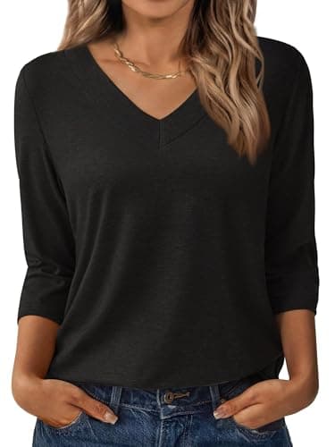 3/4 Length Sleeve Womens Tops V Neck Casual Tunic Loose Fit Basic Shirts Trendy Tops for Women 2026 Black XXL