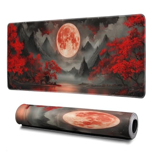 Darkness Red Moon Mouse Pad Abstract Red Mouse Pad 31.5x11.8 Inch Texture Non-Slip Rubber Base Large Mousepad Stitched Edges Keyboard Mouse Mat Desk Pad for Office and Home
