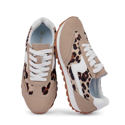 VIUGJNEX Women's Sneakers Leopard Tennis Shoes for Women Lace Up Leopard Sneakers Comfortable Walking Shoes Size 7