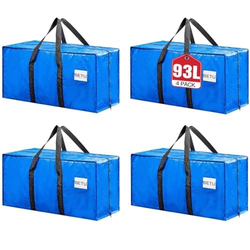 BETU 4 Pack Moving Bags Moving Storage College Dorm Camping Packing Travel PE Heavy Duty, Sturdy Handle, Zipper Large Storage Tote Bag Moving Boxes Box Alternative - Blue 29L x 14W x 13H