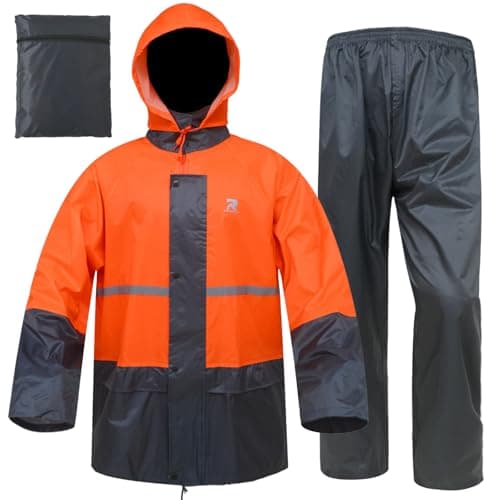RainRider Rain Suits for Men Women Waterproof Lightweight Rain Gear Jacket Coat with Pants Workwear (XX-Large, Orange/Grey)