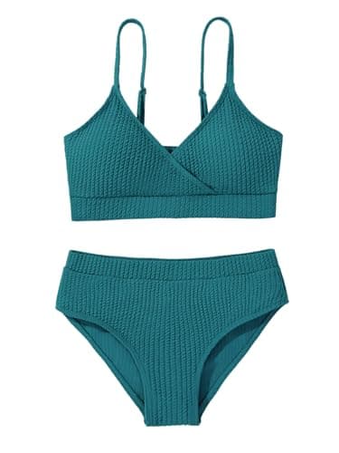 Girl's 2 Piece Ribbed Swimsuit V Neck Bikini Sets Bathing Suit Swimwear