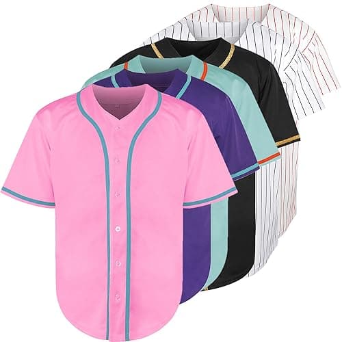 Blank Baseball Button Down Jersey Plain Short Sleeve Hipster Hip Hop T Shirts Jersey (Large, Pink-b)