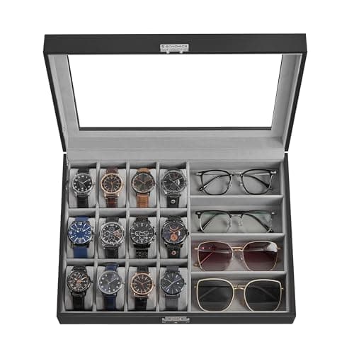 SONGMICS 16-Slot Watch Box, Lockable Storage Case With Glass Lid, Gift Idea, Ink Black Synthetic Leather, Dove Gray Lining UJWB112G01