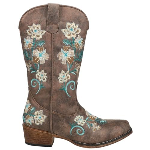 ROPER Womens Riley Floral Embroidered Snip Toe Casual Boots Mid Calf Low Heel 1-2" - Brown - Size 7 M
