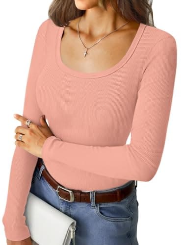 GKBK Long Sleeve Scoop Neck Tops for Women Ribbed Knit Slim Fitted Tight Basic Tee Shirts Lightweight Fall Sweaters 2025 Fashion Trendy Outfits Light Pink
