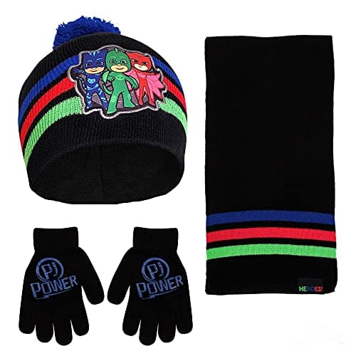 PJ Masks Boys Winter Hat, Scarves & Kids Gloves Sets For Ages 4-7, Black/Blue