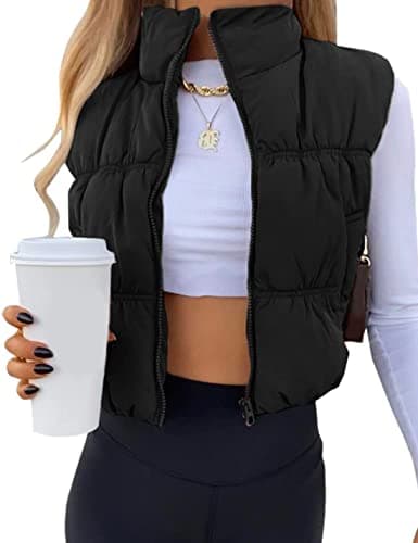 Fiona Jolin Women's Cropped Puffer Vest Winter Zip Up Stand Collar Lightweight Puffy Vest Padded Coat Outerwear (Black-S)