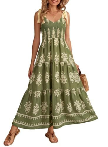 Dokotoo Floral Dress for Women Summer Maxi Long Dress Beach Trendy 2026 Outfits Spaghetti Strap Tiered Vacation Resort Wear,Green Small