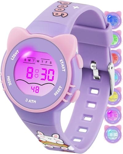 Ayybboo Kids Digital Watches for Girls Boys, 7 Color Lights Waterproof Cute Wristwatches for Kids with Alarm Stopwatch, Great Present for Girls Boys Ages 5-13