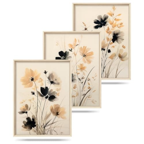 HOURIA Watercolor Chinoiserie Beige Black Floral Framed Canvas Wall Art Set, Vintage Oriental Flower Wall Decor,Modern Neutral Wildflower Botanical Artwork for Living Room,Bedroom,Farmhouse- 12"x16"x3